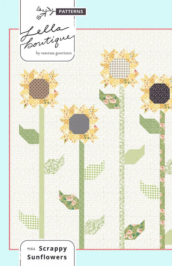 Scrappy Sunflowers Quilt Kit, including fabric and pattern by Vanessa Goertzen for Lella Boutique, quilt top and binding 66" x 66" finished