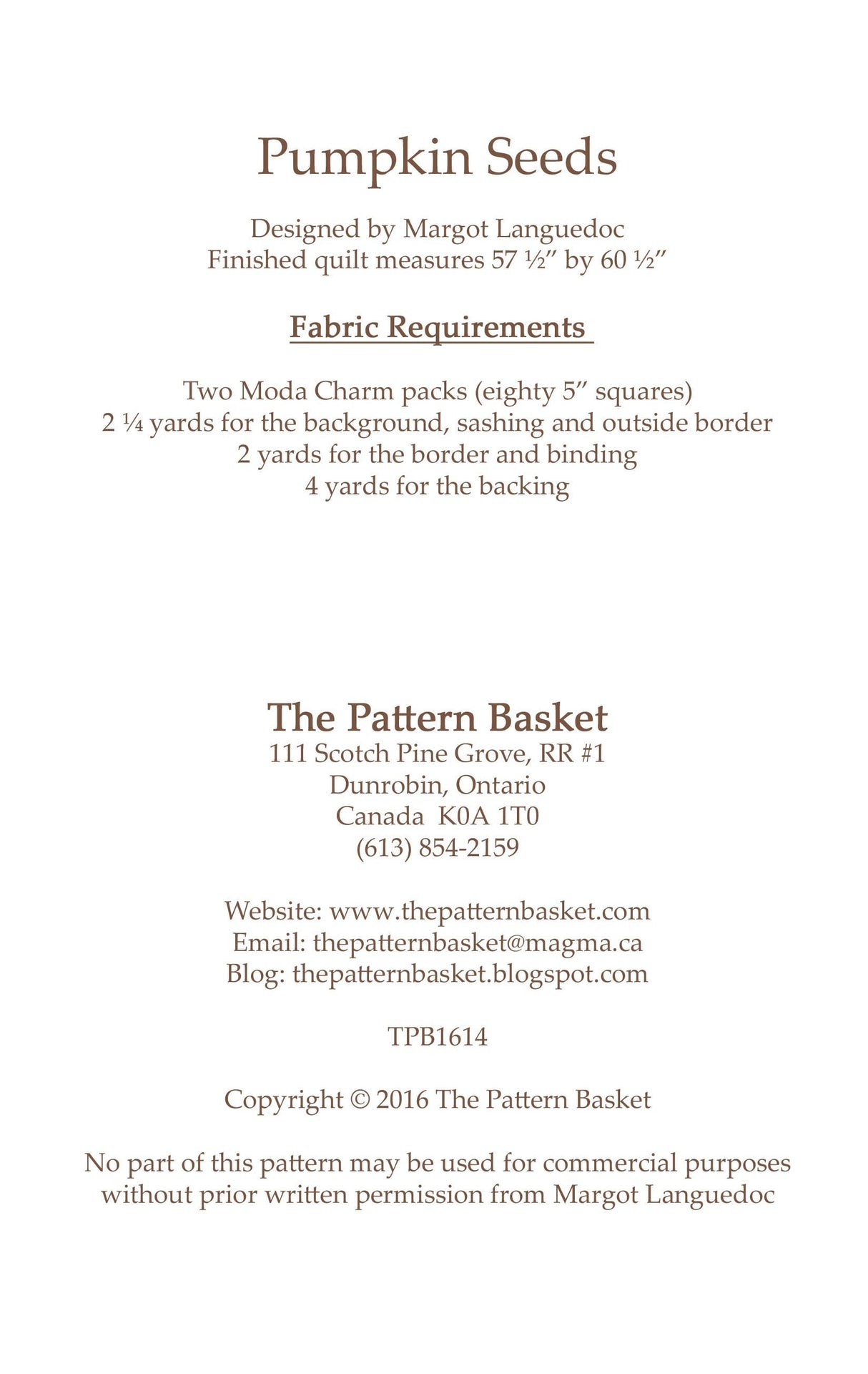 Pumpkin Seeds  By Margot Languedoc Designs  Paper Pattern ONLY 48 1/2 x 60 1/2