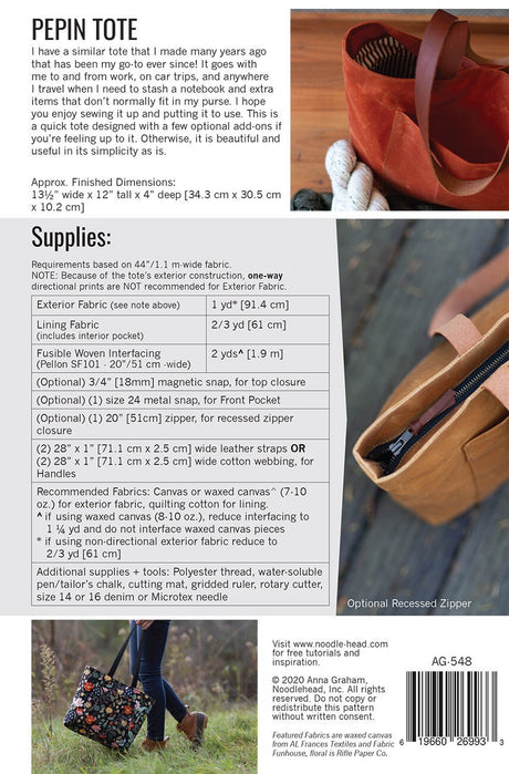 Pepin Tote # AG-548 From Noodlehead By Anna Graham