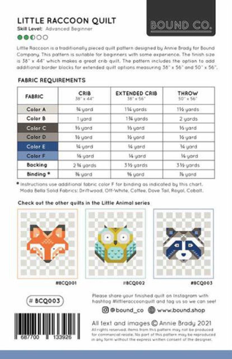 Little Raccoon Quilt Pattern BCQ003 by Bound Co.