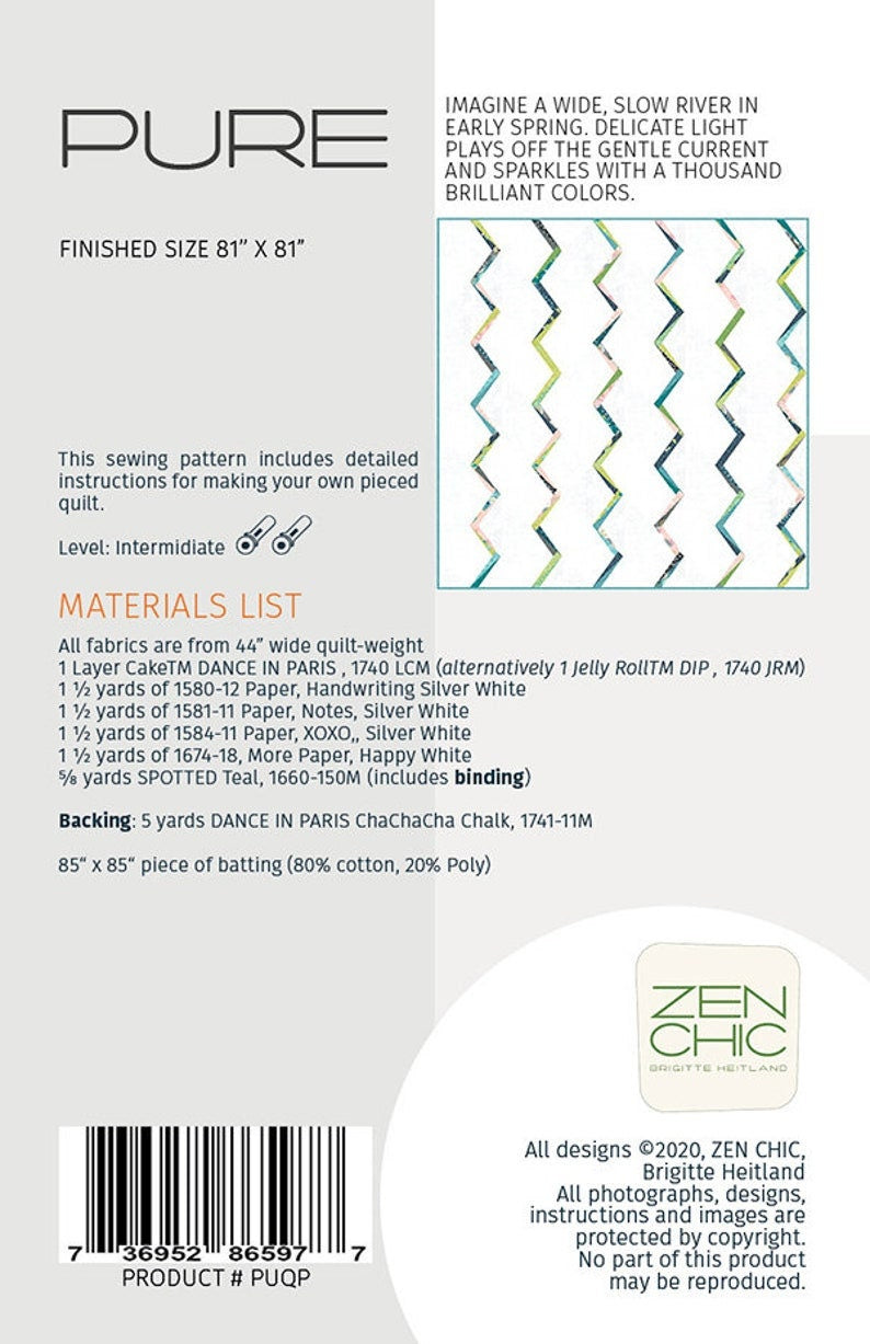 Pure - Printed PATTERN only By Zen Chic Quilt size is 81 inches x 81 inches