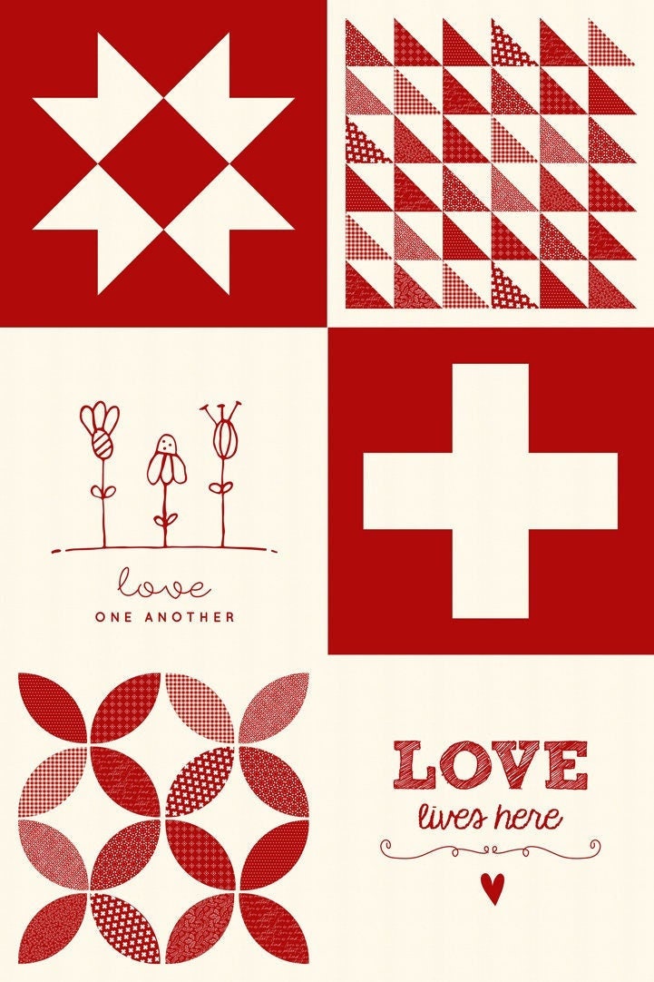 Printworks Flirt Unbleached Red Moda 55576 12P Sampler Packaged Panel Valentines Cheater Quotes Words 36" x 54"