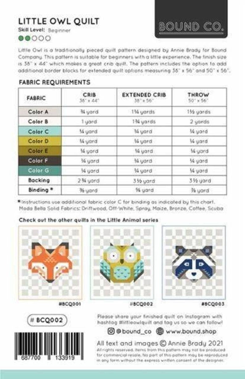 Little Owl Quilt Pattern BCQ002 by Bound Co.
