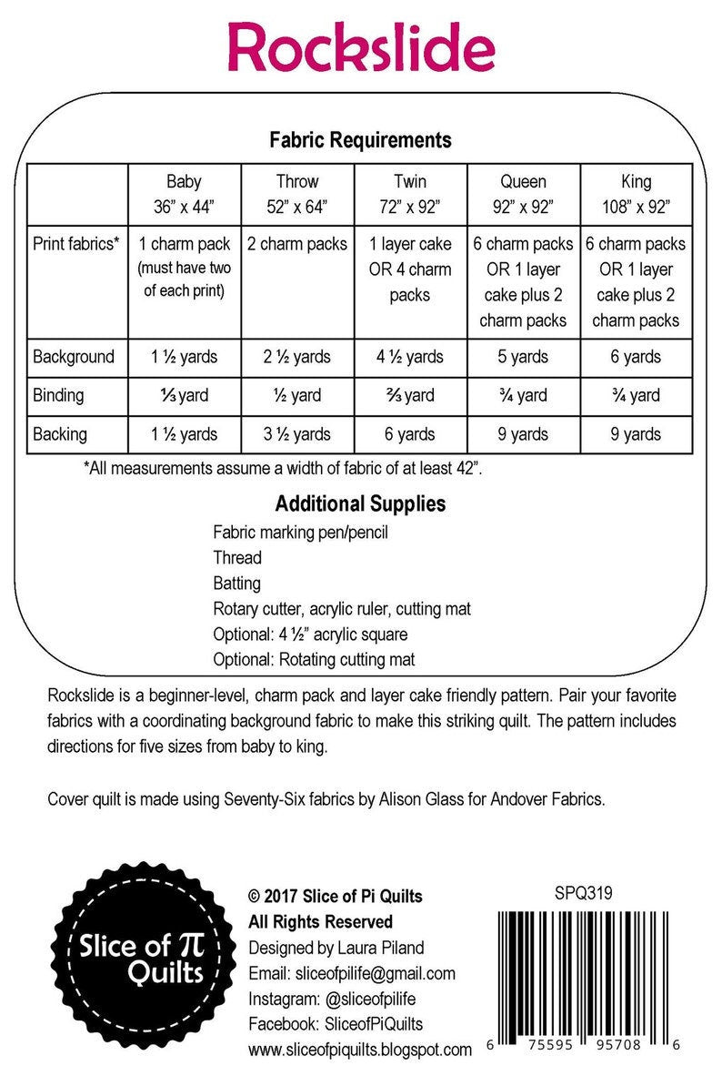 Rockslide Quilt Pattern by Slice of Pie Quilts, (Baby, Throw, Twin, Queen and King size instructions)