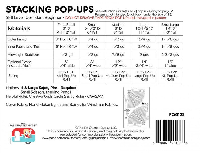 Stacking Pop Up Pattern # FQG122 from the Fat Quarter Gypsy - Does NOT include springs!