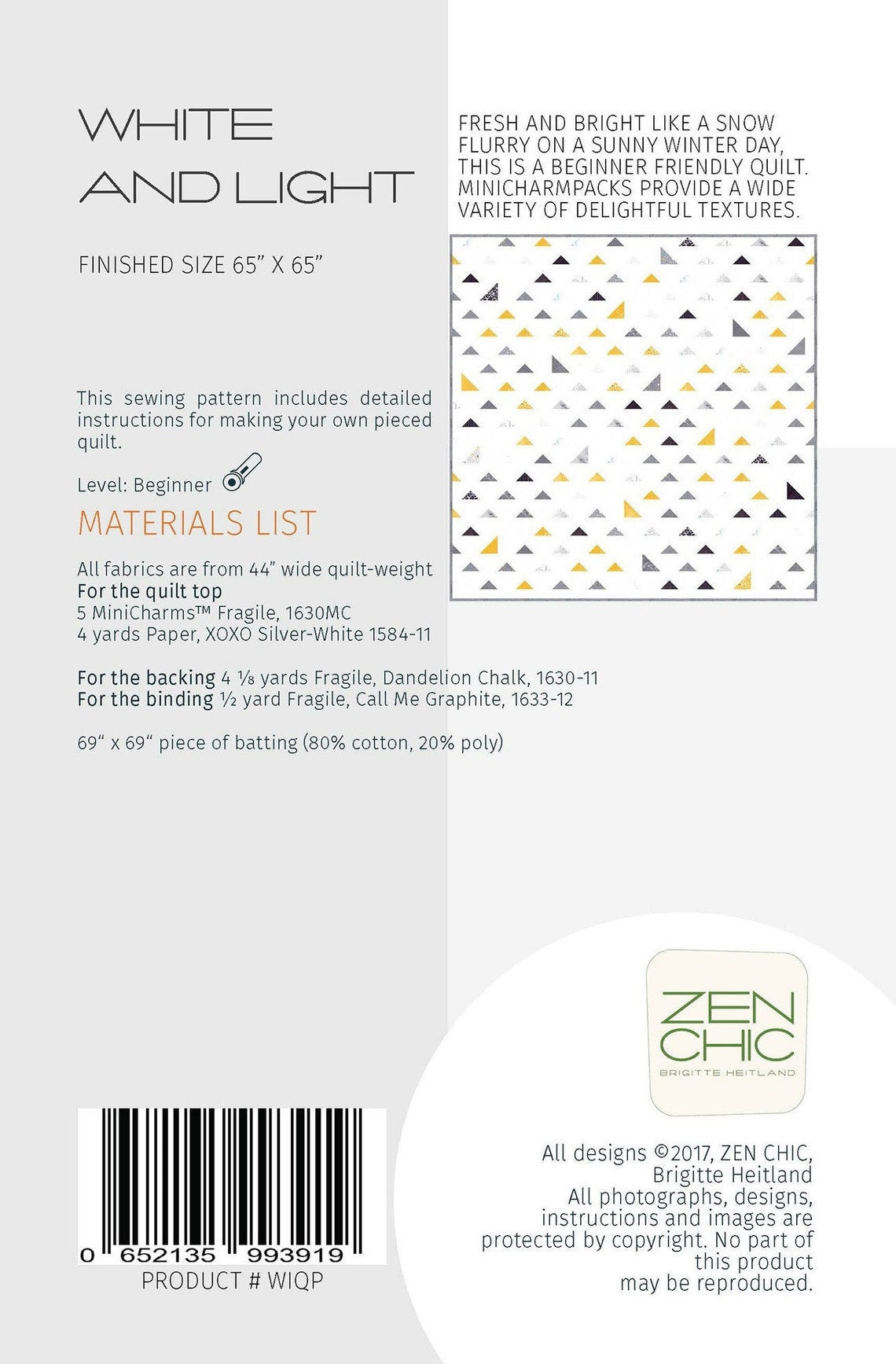 White and Light - Printed PATTERN only By Zen Chic Quilt size is 65 inches x 65 inches
