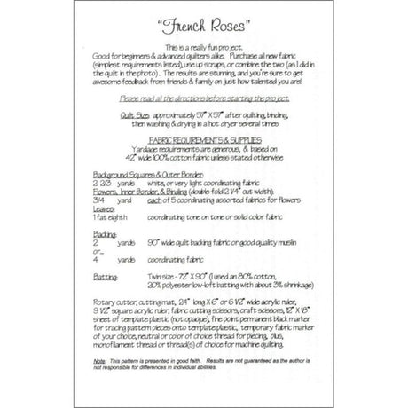 French Roses Quilt Pattern by Heather French,  Finished size 57 inches x 57 inches