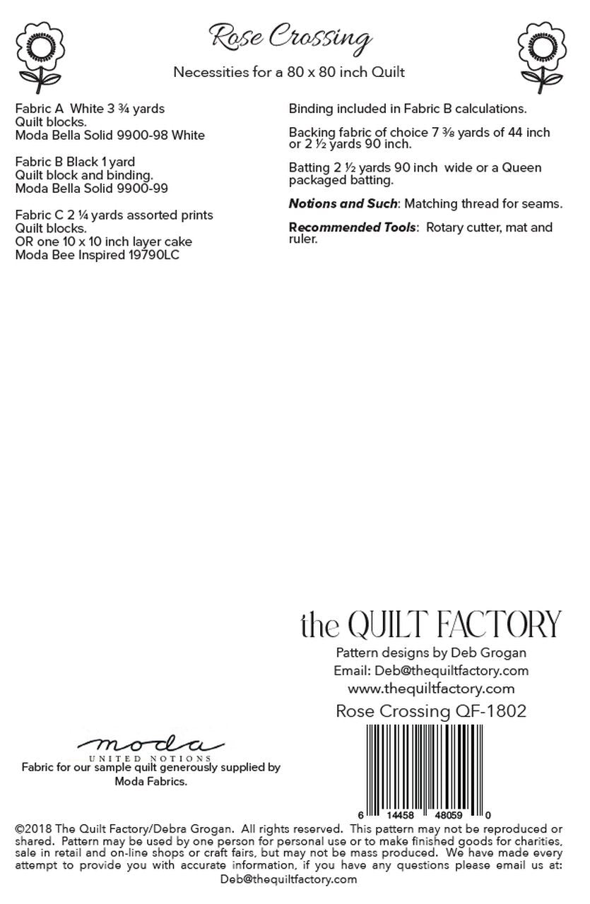 Rose Crossing Quilt Pattern QF-1802 The Quilt Factory by Deb Grogan Finished Size 80" x 80"