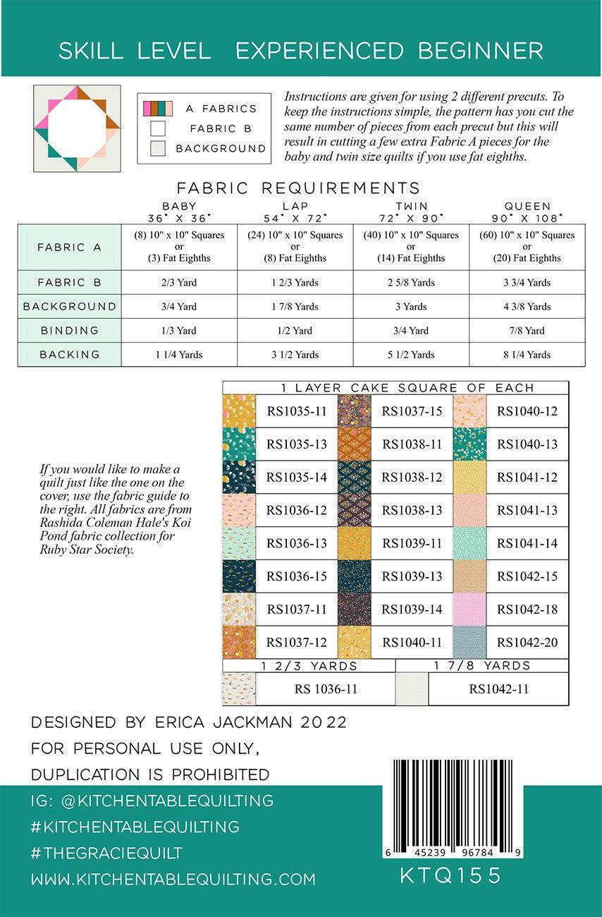 The Gracie Quilt Pattern - Printed Paper Pattern only KTQ155  From Kitchen Table Quilting By, Erica Jackman