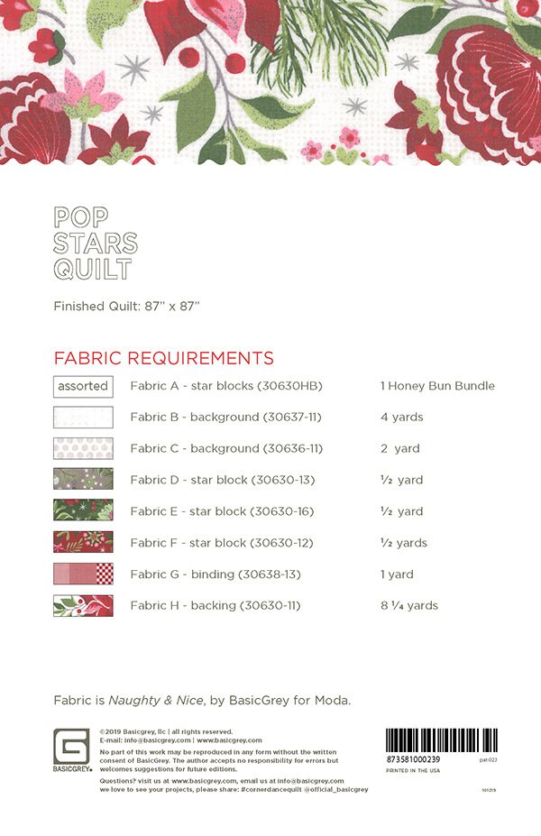 Pop Stars Quilt Pattern Paper Only PAT023 Basic Grey, 86"x 86"