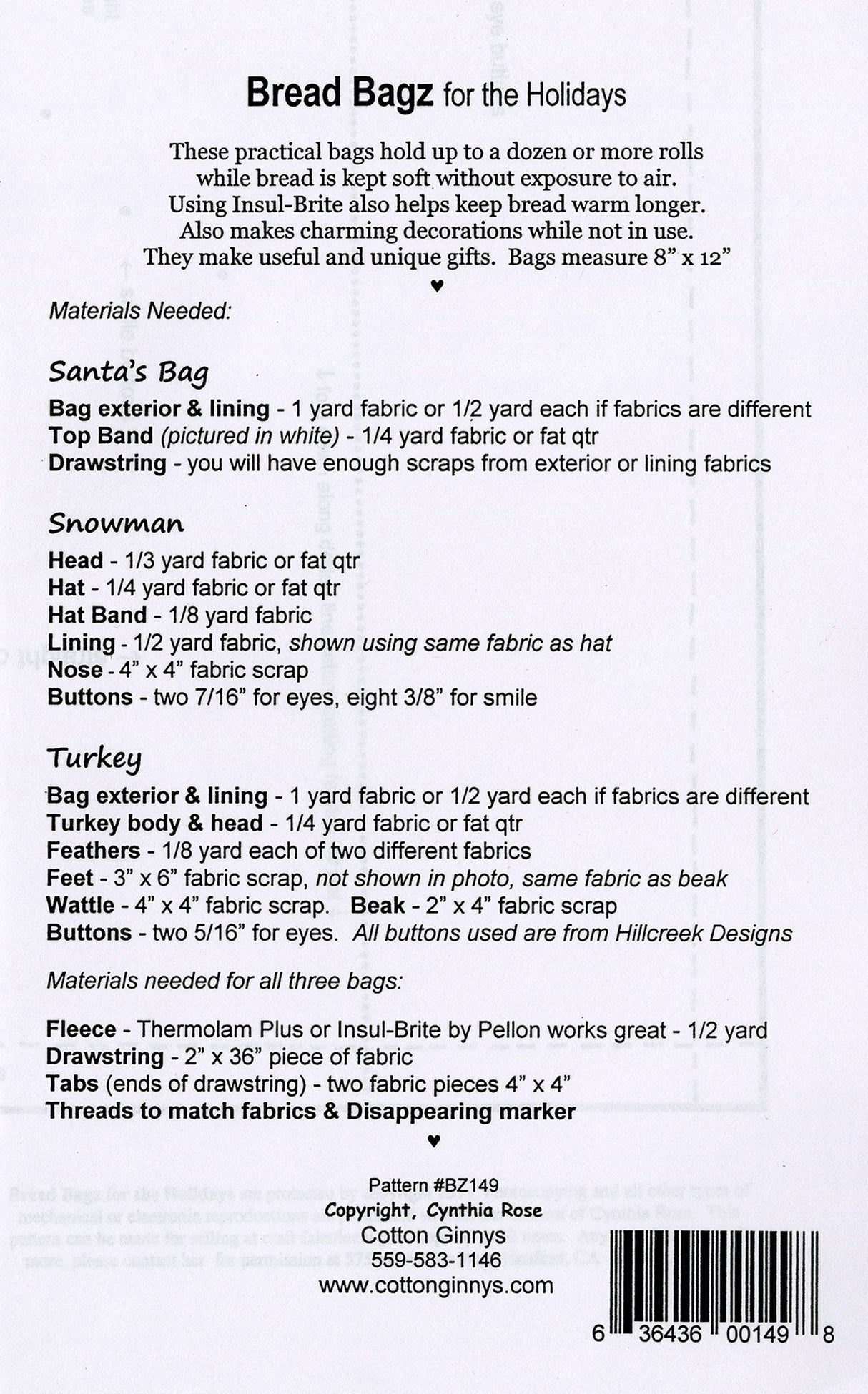 Bread Bagz for the Holidays by Cotton Ginnys BZ149