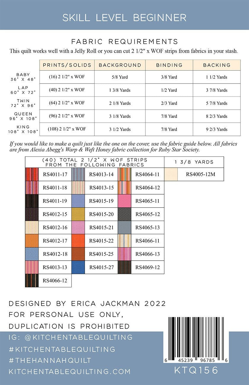 The Hannah Quilt Pattern KTQ156  by Kitchen Table Quilting (baby, lap and twin, queen and king sizes)