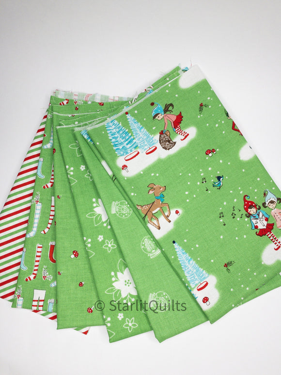 Pixie Noel 2 Green Color Bundle - includes 6 fat quarters - By Tasha Noel for Riley Blake Designs