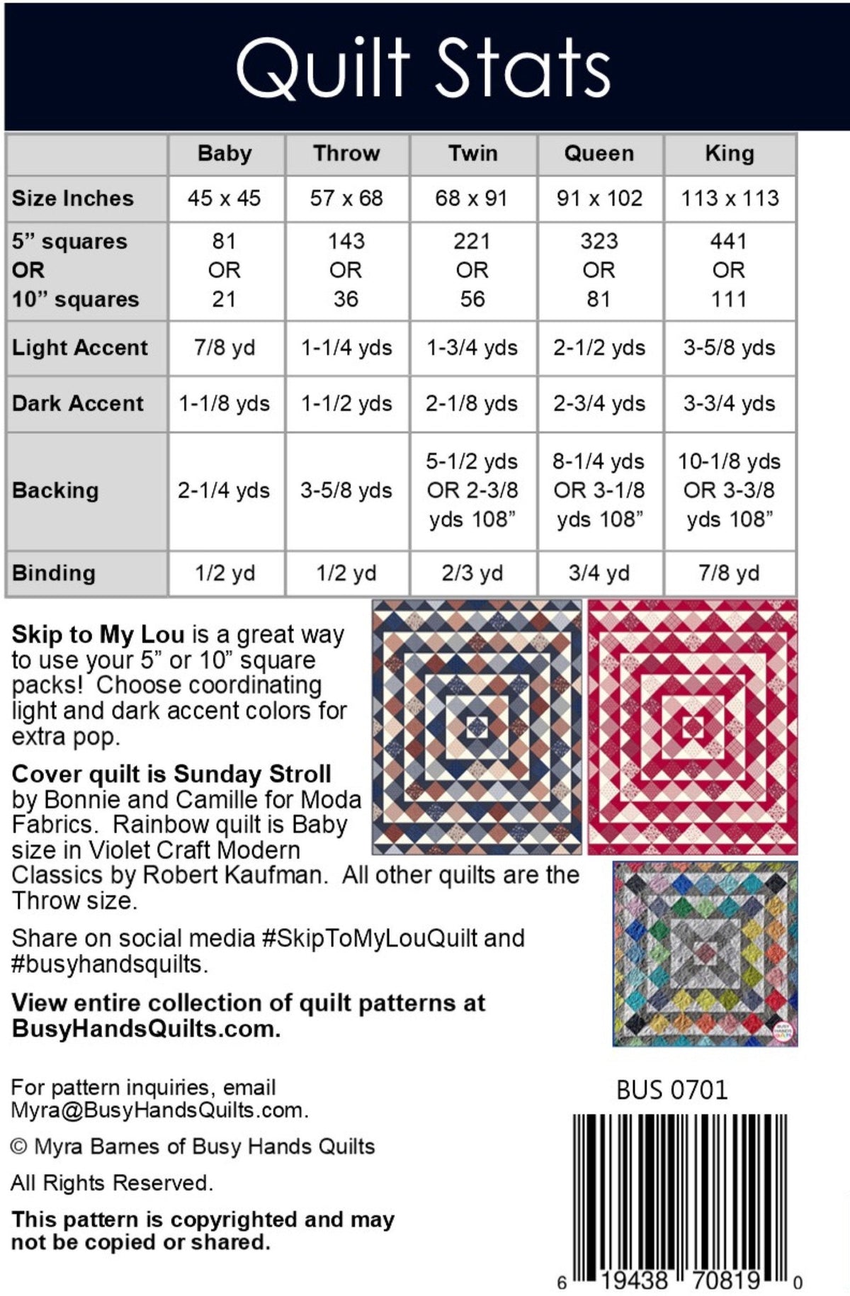 Skip To My Lou Quilt Pattern Quilt Pattern by Myra Barnes from Busy Hands is a beginner friendly pattern BUS0701 Multi Size quilt