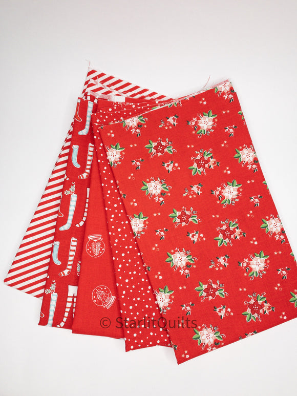 Pixie Noel 2 Red Color Bundle - includes 5 fat quarters - By Tasha Noel for Riley Blake Designs