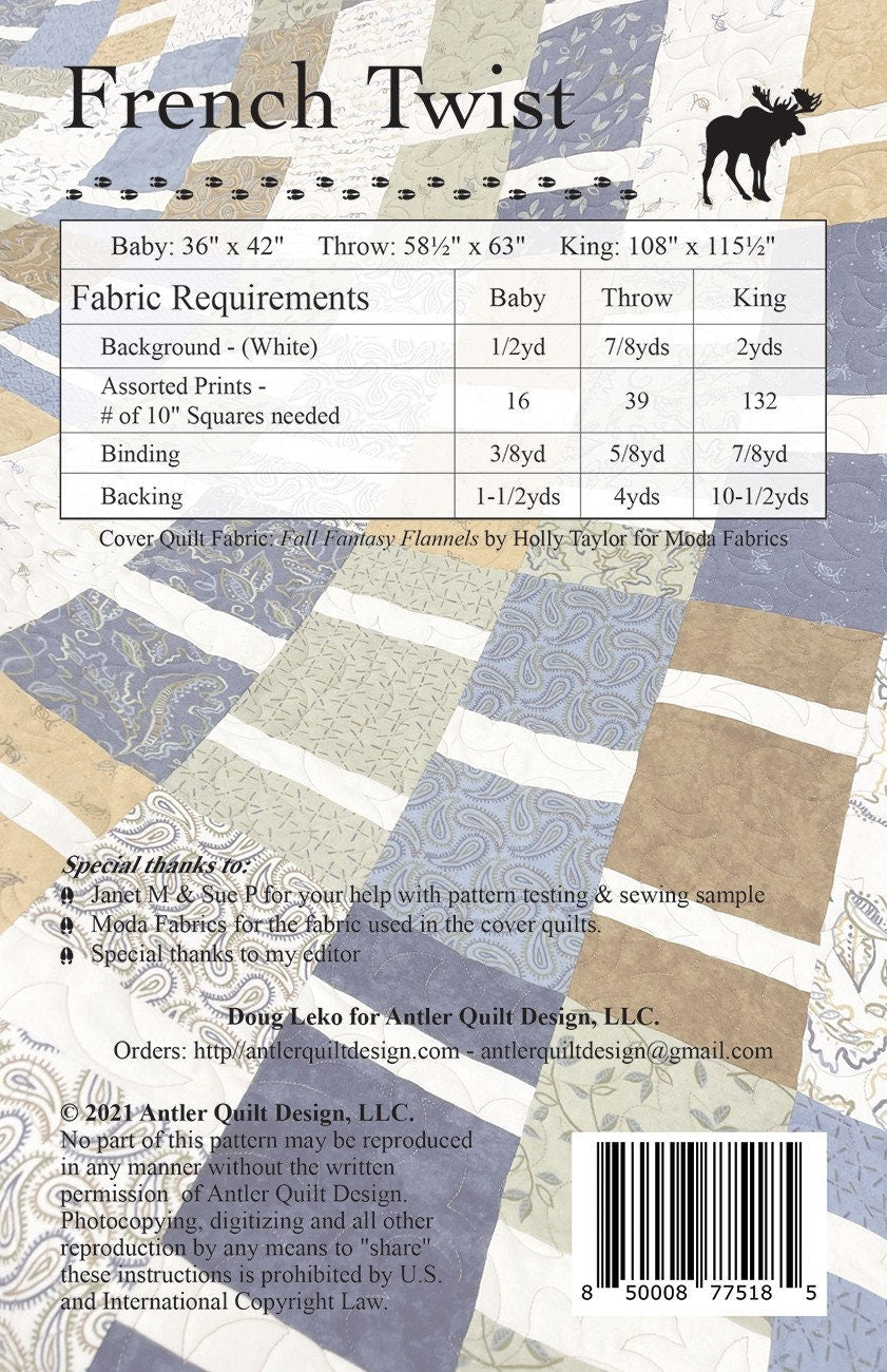 French Twist Quilt pattern AQD 0285 Antler Quilt Design in 3 sizes, paper pattern only