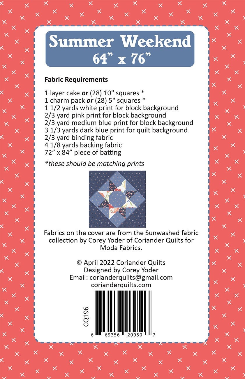 Summer Weekend # CQP196  Paper Pattern Only  by Corey Yoder for Coriander Paper Pattern Only