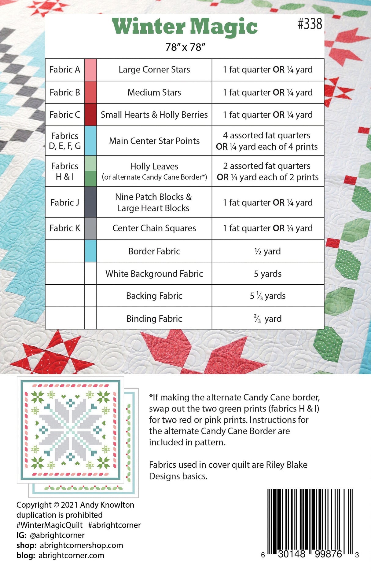 Winter Magic Quilt Pattern by A Bright Corner Quilts ABC-338,  78" x 78"