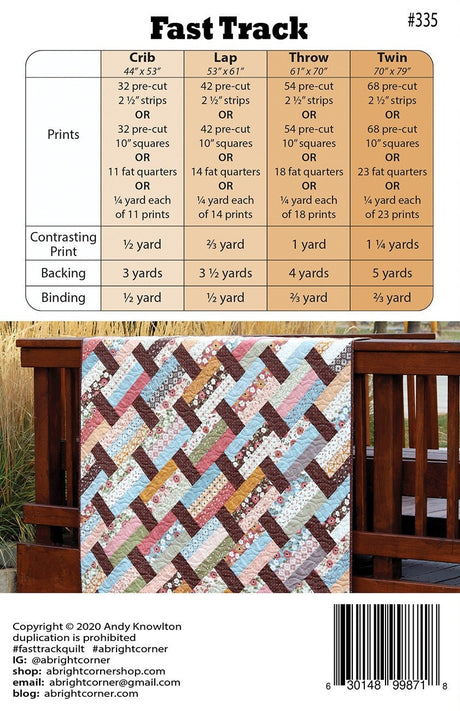 Fast Track Quilt Pattern by A Bright Corner Quilts ABC-335,  Multiple Sizes