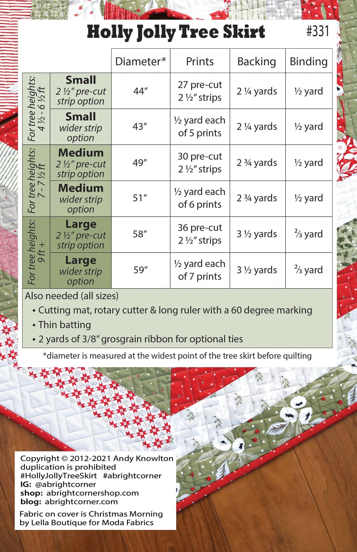 Holly Jolly Tree Skirt Pattern by A Bright Corner Quilts ABC-331 in 3 sizes