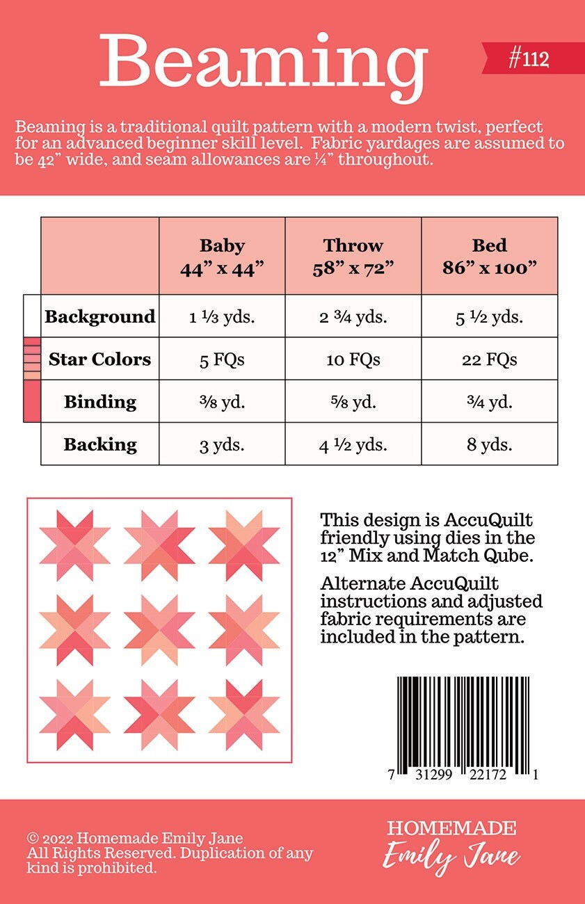 Beaming Quilt Pattern  3 sizes Crib, Throw, Bed - Printed Pattern Only  # HMEJ112 Homemade Emily Jane By, Emily Tindall