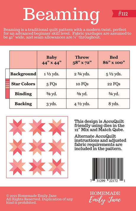 Beaming Quilt Pattern  3 sizes Crib, Throw, Bed - Printed Pattern Only  # HMEJ112 Homemade Emily Jane By, Emily Tindall