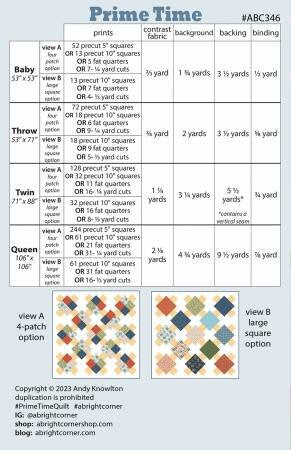 Prime Time Quilt Pattern by A Bright Corner Quilts ABC-320, Multiple Sizes