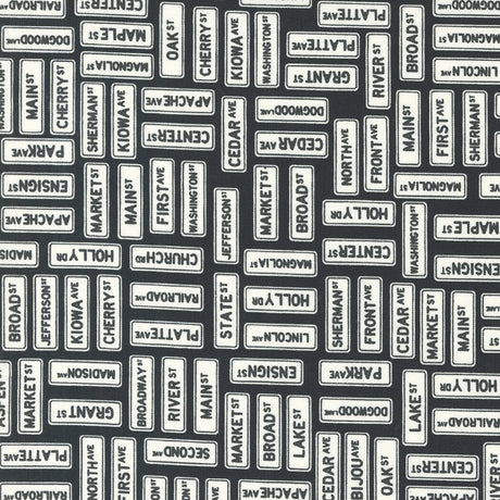 Main Street Street Signs Black Yardage 55643-25 by Sweetwater for Moda Fabrics Sold In 1/2 yard increments cut continuously