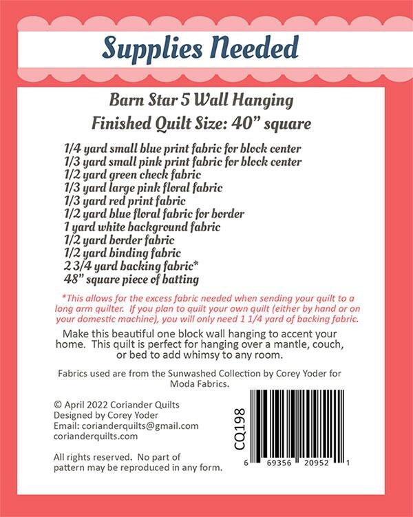 Mini Barn Star 5 Quilt Pattern by Coriander Quilts CQ198 Bin MP Finished Size 40" Square