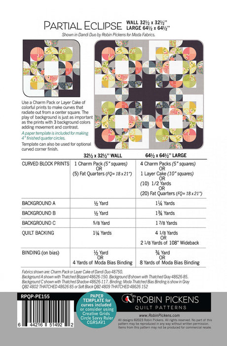 Partial Eclipse Quilt Pattern Printed Pattern Only - by Robin Pickens makes 2 or 32 x 32 and 64 x 64