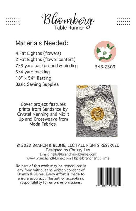 Bloomberg Table Runner Pattern BNB 2303 by Chrissy Lux for Sew Lux Fabric 14"x 49"