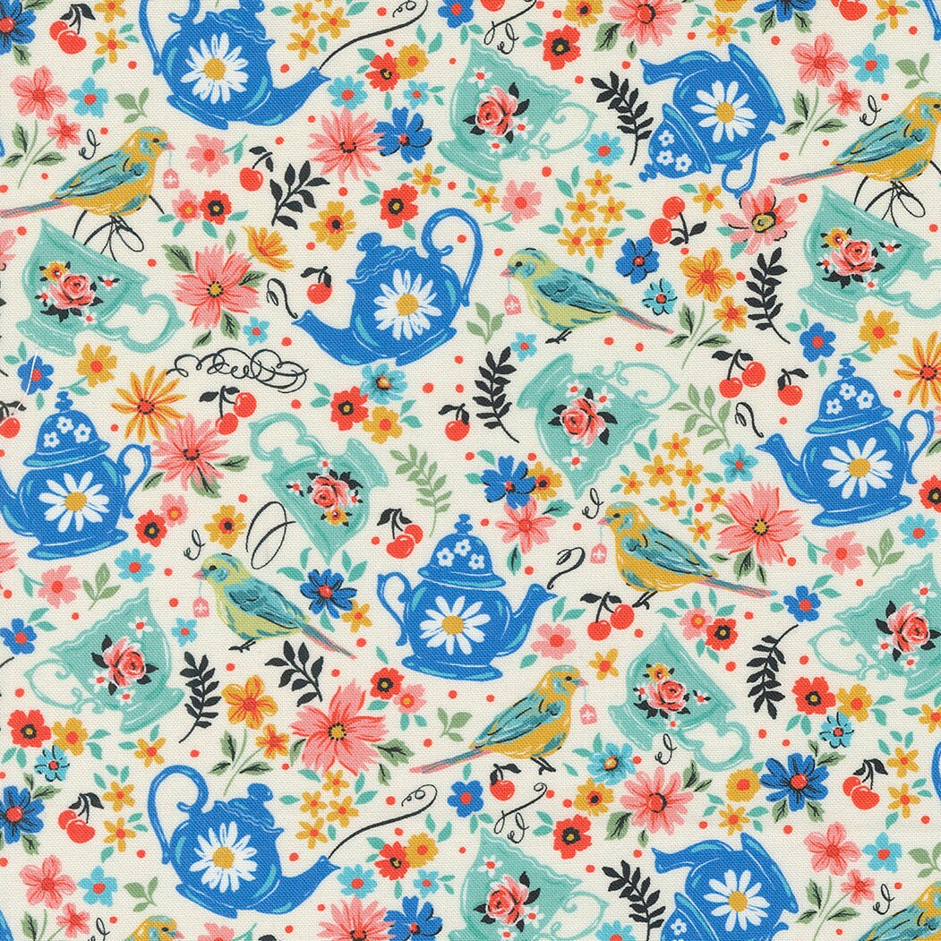 Julia Tea Time Tea Pots Flowers Birds Porcelain 11921-11 By Crystal Manning For Moda Fabrics - Sold in 1/2 Yard Increments cut continuous
