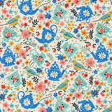 Julia Tea Time Tea Pots Flowers Birds Porcelain 11921-11 By Crystal Manning For Moda Fabrics - Sold in 1/2 Yard Increments cut continuous