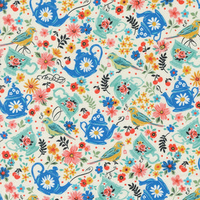 Julia Tea Time Tea Pots Flowers Birds Porcelain 11921-11 By Crystal Manning For Moda Fabrics - Sold in 1/2 Yard Increments cut continuous