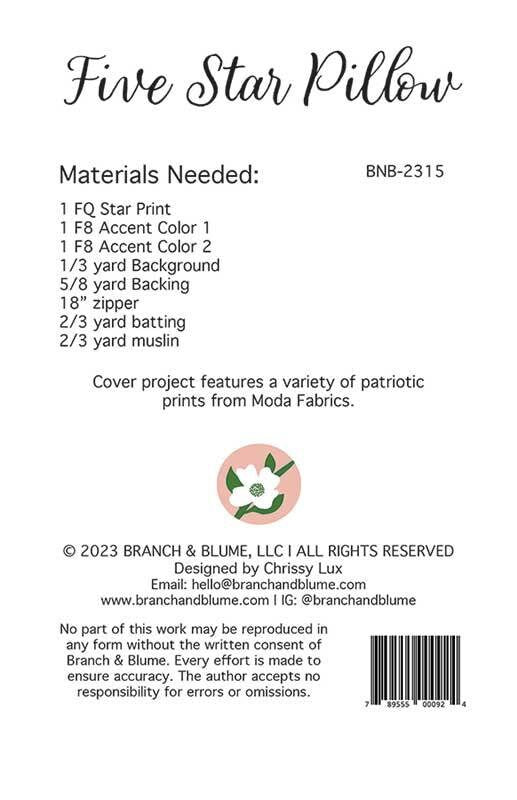 Five Star Pillow Kit, includes Pattern and fabric for the pillow front and backing 18" x 18" BNB2315 by Chrissy Lux of Branch and Blume
