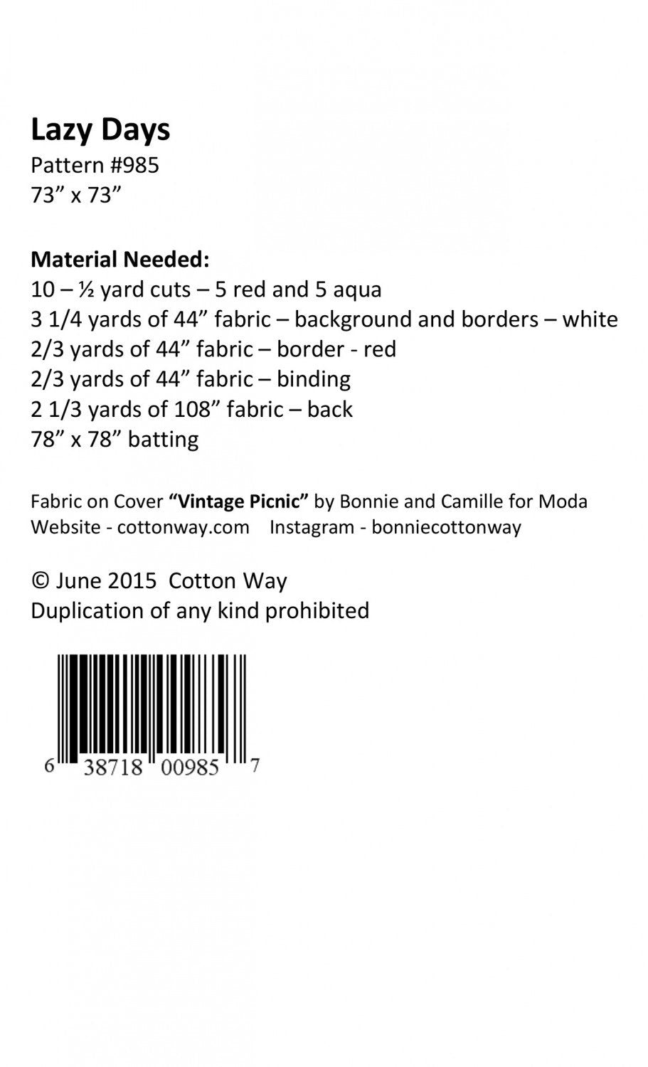 Lazy Days Quilt - Printed Pattern - 73” x 73&quot; - Cotton Way by Bonnie Olaveson CW985